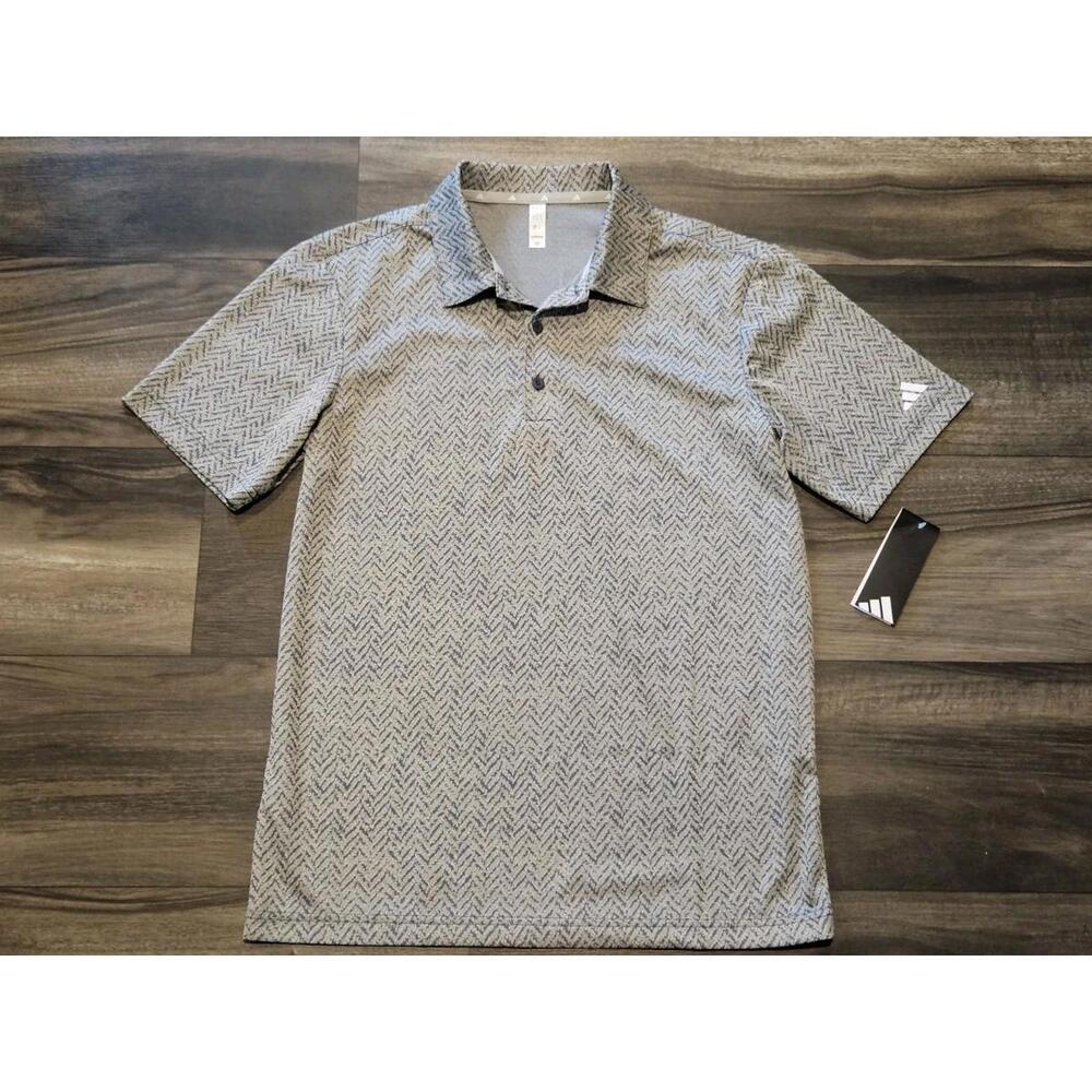 adidas Men's Jacquard Polo Shirt Silver Blue Geometric Pattern S Short Sleeve